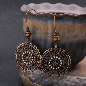 Vintage Alloy <b>Drop</b> Earrings Antique <b>Bronze</b> Plated Flower Pattern Women's Jewelry - Product Image 2