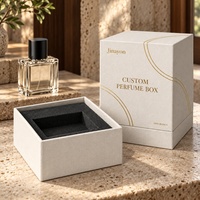 Boîte à parfum rigide verticale en papier spécial gaufré textile blanc avec logo personnalisé, insert en mousse surélevé, finition brillante, 10x10x14cm