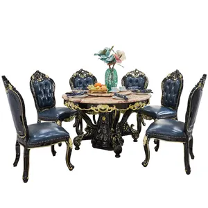 Обеденный стол под старину из черного и синего дерева с круглым мрамором и 6 стульями