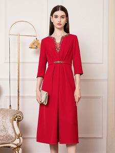 Taglie forti abito da donna 2025 primavera sposa madre elegante scollo a V con perline a manica 3/4 abito da caffè rosso Midi Cocktail Party - Product Image 3