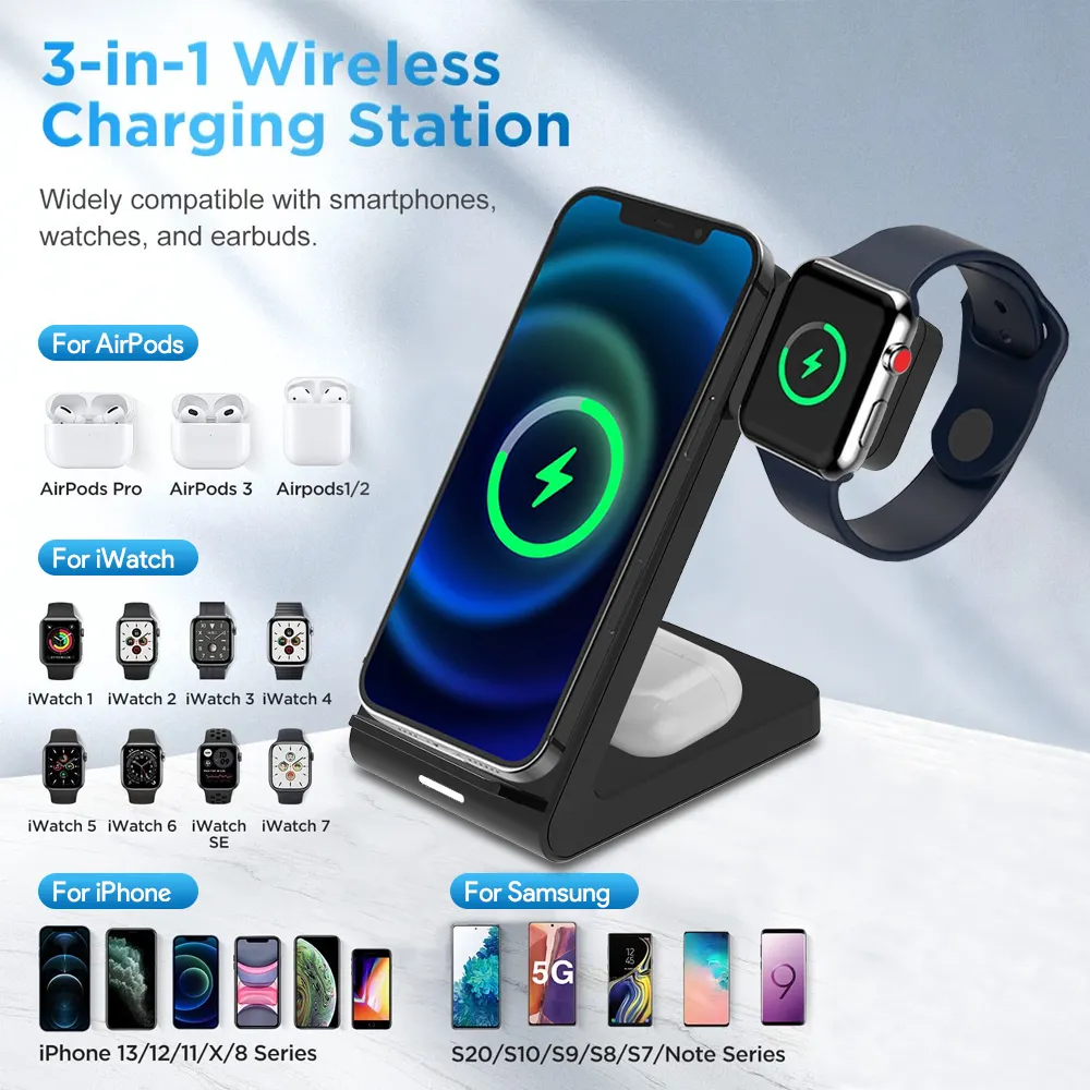 Pengisi Daya Telepon Nirkabel Cepat 5W/ 10W/ 15W Qi 3 In 1 Multifungsi untuk AirPods untuk IWatch untuk Iphone