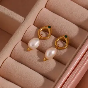 18K Gold Plated Jewelry Fresh Water Pearl Drop Earring Stainless Steel Green Zircon Stud Earrings