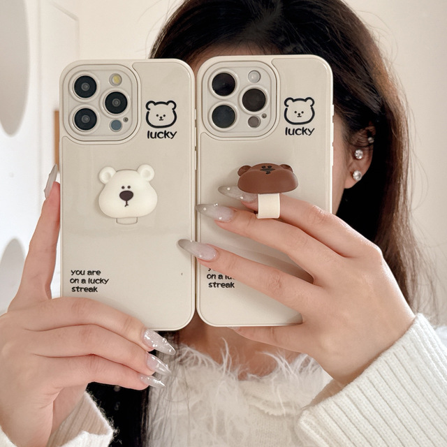 Cute Simple Ring Bear for Apple 16promax Phone case IPhone15 Creative 14 Stand 13 Creative