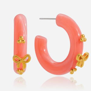 Hoop Earrings Resin Coral Color Gold Bowknot Design Stainless Steel Post Fashion Jewelry - Product Image 1