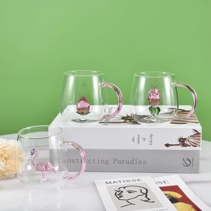 Carino tazza di ghiaccio tazza di succo di caffè con manico Coppe Creative di vetro borosilicato acqua con fiore di rosa 3D - Product Image 1