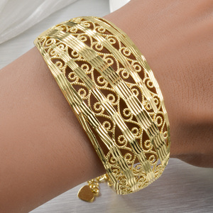 luxury fine custom women vintage filigree scroll hollow wide cuff 18k gold plated anti tarnish <b>bangles</b> <b>bracelets</b> - Product Image 3