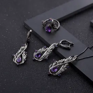 Bleibende natürliche Amethyst Edelstein Ring Ohrring Halskette Neues Design 925 Sterling Silber Fine Jewelry Set Frauen