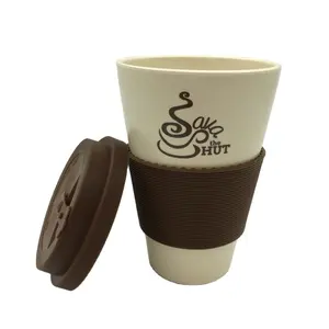 Çevre dostu toptan özel logo kullanımlık bambu elyaf kahve fincanları içecek kupalar fincan silikon kapak kol saman