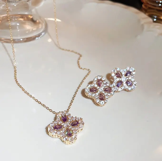 18K oro acero inoxidable brillante diamante circón trébol de cuatro hojas pendientes collar moda fina Zirconia conjuntos de joyería para mujeres
