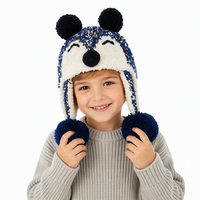 Topi Beanie Anak Desain Khusus Biru Putih Berbintik Kartun Hewan Penutup Telinga Berlapis Fleece Hangat Musim Dingin Pom Pom Pabrik Anak-anak
