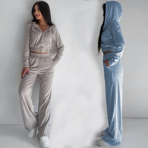 Conjunto de chándal de terciopelo para mujer al por mayor, sudadera corta con cremallera y <span class=keywords><strong>pantalones</strong></span> de pierna ancha, ropa de estar por casa para otoño/invierno, en stock - Product Image 1