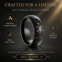 Bagues en carbure de tungstène noir 8MM avec incrustation bombée en grès et opale pour hommes et femmes, idéales pour mariage, fiançailles, anniversaire, fête