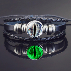 Bracciale Nero <span class=keywords><strong>Occhi</strong></span> di Drago Malvagi che si Illumina al Buio, con Cabochon in Vetro Occhio di Drago Fatto a Mano, Bracciali in Pelle Intrecciata, Gioielli Punk Cool - Product Image 1