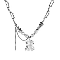Colliers pendentifs mignons en forme d'ours blanc avec pompon pour femmes et filles, collier chaîne en perles d'imitation et pierres, bijoux cadeaux