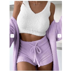 Women's Plush 3-Piece Loungewear Set Fleece Long Sleeve Crop <b>Top</b> Shorts Sleepwear Casual Wear For Winter Comfortable Home Outfit - Product Image 2
