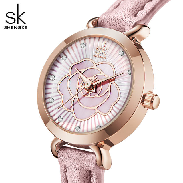 SHENGKE New Fashion Ladies Watch Rose Flower Dial Alloy Case Leather Band Waterproof Quartz Watch Custom Logo Watch Wholesale