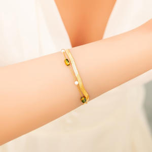 Stainless Steel <b>Pearl</b> <b>Bracelet</b> 18K Gold Plated Titanium Steel Bezel Setting Flat Snake Chain Jewelry Gift - Product Image 4