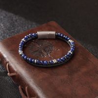 Bracelet vintage en cuir véritable noir et pierre naturelle, fait main, double couche, fermoirs en acier inoxydable, pour homme, bijou de main