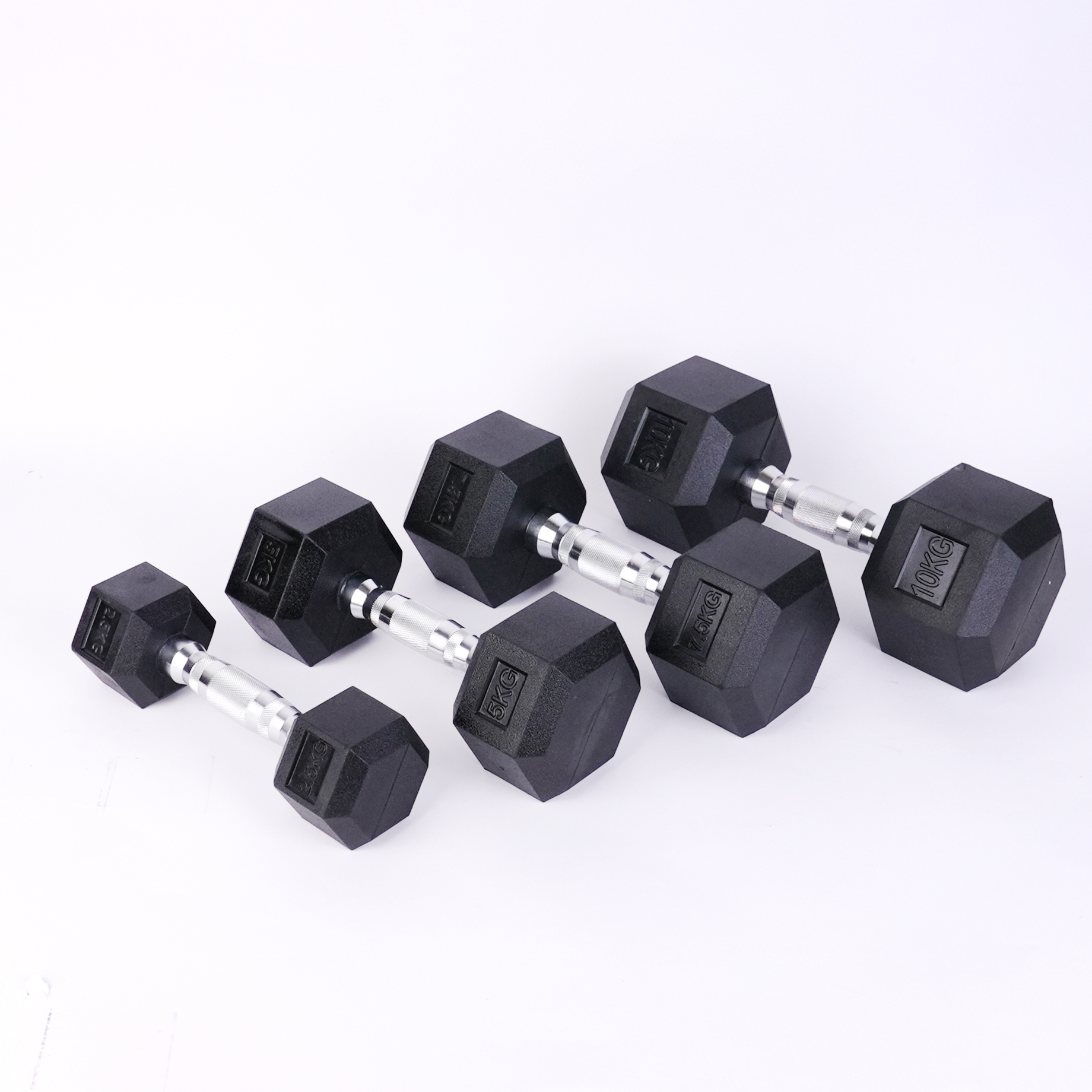 Guangzhou High Quality Gym and Fitness Equip 2.5KG-60KG, 2.5KG Increments Electroplated Handle Rubber-Coated Hex Dumbbells