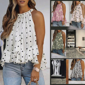 OEM/ODM Nueva Blusa Halter para Mujer, Verano 2026, Estampado Vintage, Poliéster 120g, Transpirable, Informal, con Decoración de Encaje - Product Image 2