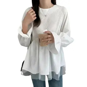 Liu Ming New Design 2024 Korean Style Women Fashion Long Sleeve Loose Chiffon Shirt Elegant Ruffle Lace Blouse