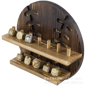 Retro Wooden <b>Wall</b> <b>Mounted</b> Champion Ring Rack 2 Tier Circular Display <b>Shelf</b> For Home Decor Baseball Theme - Product Image 1