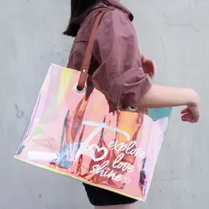 2023 Große Mode Regenbogen PVC Handtasche Holo graphische schillernde Einkaufstasche mit Griff für Strands port