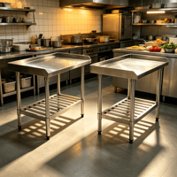 Table de préparation en acier inoxydable pour la restauration, structure robuste, idéale pour les cuisines de restaurant et les ateliers de transformation de viande
