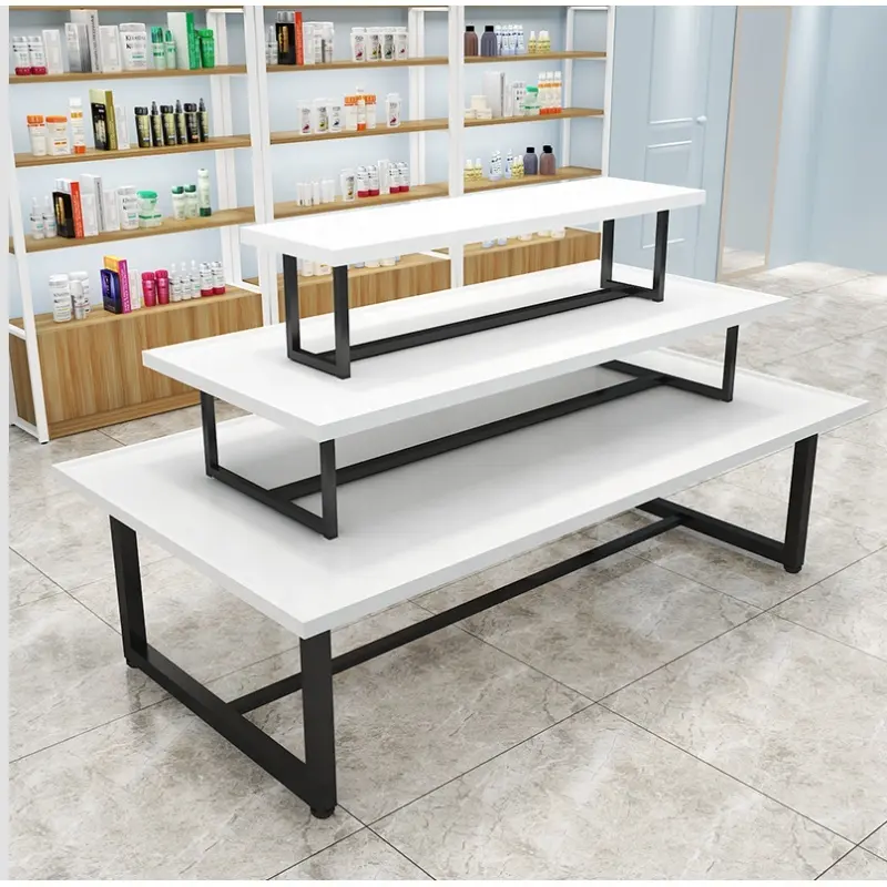 Keway Meerlaagse Winkel Gondel Mdf Cosmetica Display Rack Supermarkt Display Planken Houten Plank Promotionele Displaytafel