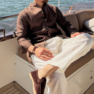 <span class=keywords><strong>Camicia</strong></span> Casual da Uomo Autunnale, Tinta Unita, Taglie Forti, <span class=keywords><strong>Marrone</strong></span> Scuro, con Colletto Rialzato, in <span class=keywords><strong>Lino</strong></span> a Maniche Lunghe - Product Image 1