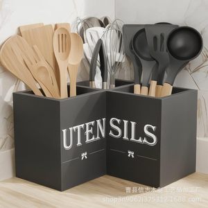 Caja organizadora de utensilios de cocina con 3 compartimentos, soporte de madera para cuchillos, tenedores, cucharas y espátulas. - Product Image 3