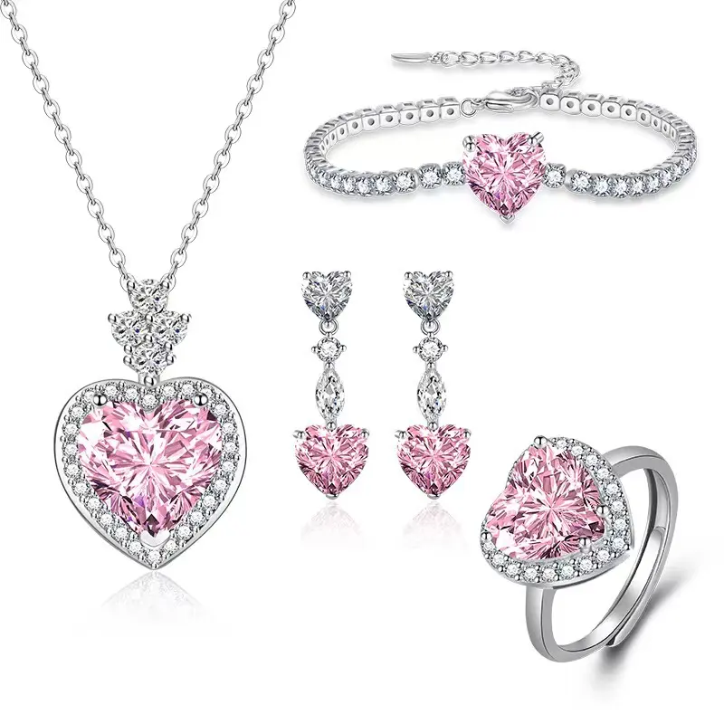 2023 Hot Sale Charm Jewelry Pink Heart Jewelry Set Necklace Earring Ring Bracelet 4 Pieces Sets Luxury Zircon Jewelry