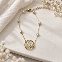 Bracelet en résine de fleurs séchées en dentelle de la Reine Anne fait main, bracelet en acier inoxydable doré avec perles et cœur pour femmes et filles, cadeau bijoux