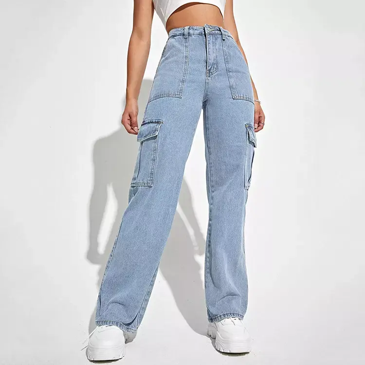 Custom Ladies Side Pocket Jeans Office Trousers Wide Leg Cargo Denim Pants for Women