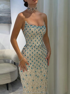 فستان سهرة أنيق بدون حمالات مزين بالكريستال الأزرق اللامع مع تصميم حورية البحر الضيق لحفلات التخرج والمناسبات الرسمية - Product Image 5