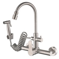 Robinet de cuisine mural en acier inoxydable 304, mitigeur chaud/froid avec bec pivotant et douchette extractible pour lave-linge, balcon, évier
