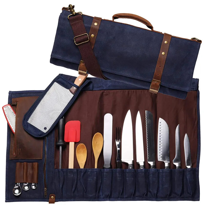 उच्च गुणवत्ता के चमड़े लच्छेदार कैनवास महाराज उपकरण किट चाकू रोल भंडारण बैग महाराज चाकू बैग