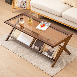 Nanshe Glass Coffee <b>Table</b> Solid Wood Tempered Glass Top Modern Simple Design Living Room Furniture With Storage Shelf - Product Image 2