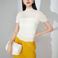 Miyake kaus setengah Turtleneck dasar wanita T-Shirt lengan pendek gaya kasual kualitas tinggi kain cetak warna Solid elegan
