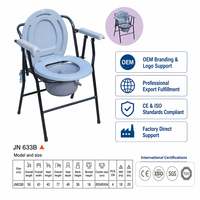 Chaise de toilette portable de chevet avec siège bleu à anneau, couvercle rabattable, cadre noir et bac pliable