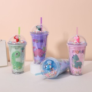 450ml Funny ROAR Letter Dinosaur Pattern <b>Plastic</b> Tumbler Double Wall Design with Straw Pastel Pom Pom Dome Lid Mini Dino - Product Image 6