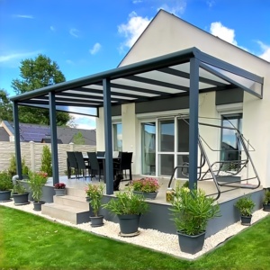 Auvent <span class=keywords><strong>de</strong></span> terrasse en aluminium anthracite avec toit en polycarbonate blanc opale - <span class=keywords><strong>Abri</strong></span> mural <span class=keywords><strong>pour</strong></span> terrasse - Product Image 1