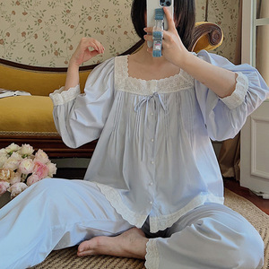 Conjunto de Pijama de Algodón con Cuello Cuadrado y Pliegues Acordeón, Estilo Retro Elegante, Manga Larga, para Mujer, Primavera-Otoño, Nuevo, Holgado y Dulce - Product Image 1