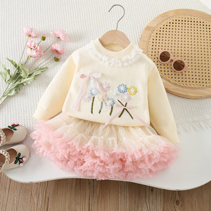 Vêtements pour bébé Automne et Hiver : Ensemble <span class=keywords><strong>pull</strong></span> tricoté à fleurs élégant avec nœud et jupe en <span class=keywords><strong>maille</strong></span>, deux pièces, Vente chaude - Product Image 2