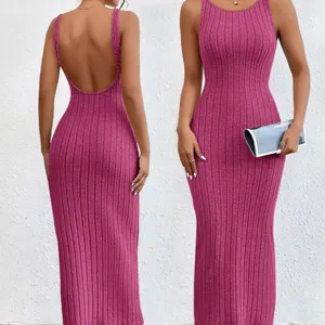 Fashion gaun sweter rajut wanita celup polos kasual Bodycon gaun Tank rajut panjang wanita ketat warna polos punggung terbuka seksi