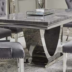 Juego de Comedor Moderno de Lujo en Acero Inoxidable Cromado Plateado con Sillas Chelsea, Respaldo de Terciopelo con Tachuelas y Diseño de Cabeza de León - Product Image 4