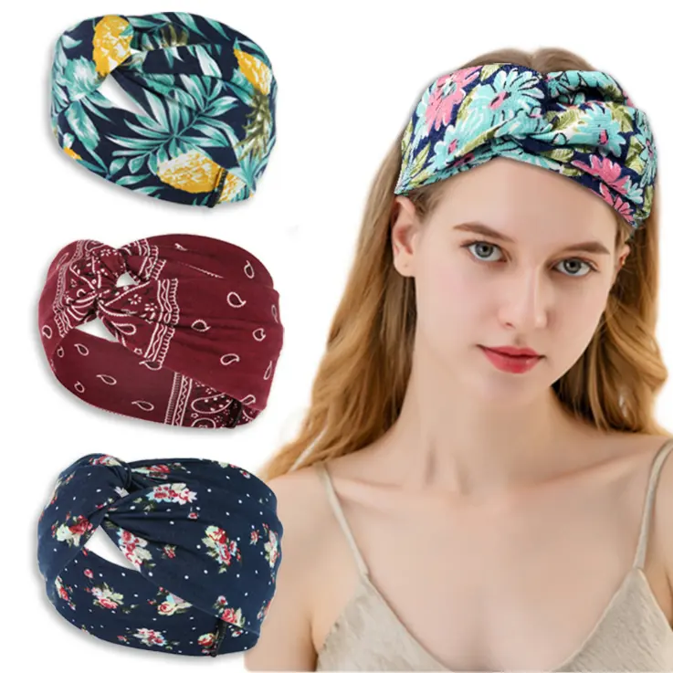 Wholesale 2024 Bohemian Headband Sweat Absorbing Head Bands Women Fashion Cross Knot Headbands