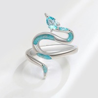 Anillo Abierto de Serpiente con Esmalte Azul Vintage Brillante y Adorno de Cristal, Chapado en Plata sobre Latón, Joyería de Moda para Uso Diario