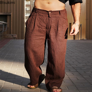 Großhandel Sommer-Bloomers Gerade Hosen für Herren Lässige <span class=keywords><strong>Weite</strong></span> Einfarbige Baumwoll-Leinen-Hosen Vintage Mittlere Taille Strand-<span class=keywords><strong>Hotpants</strong></span> - Product Image 1