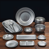 Vaisselle vintage en acier inoxydable, finition mate, assiettes à sauce, tasses, baguettes, cuillères grises, durable, style occidental, rétro